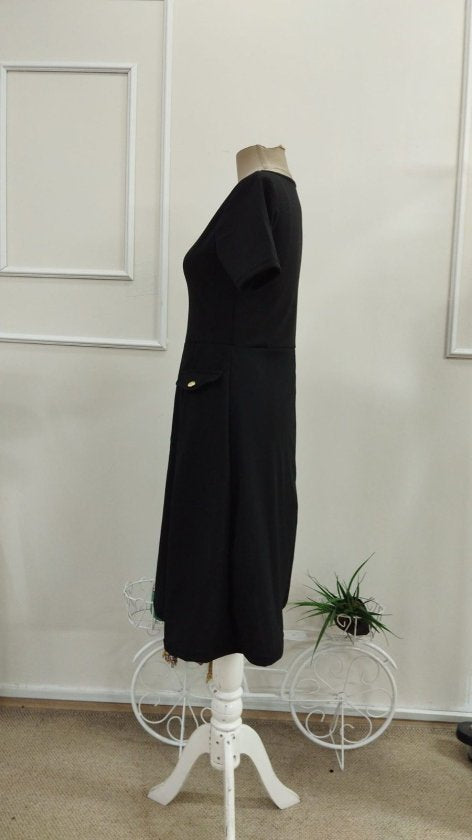 Women's Short Sleeve Crew Neck Pocket Detail Imported Crepe Midi Dress, 33948