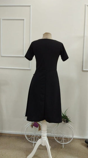Rochie midi din crep importat, cu mânecă scurtă și guler rotund, pentru femei, cu detalii la buzunare, 33948
