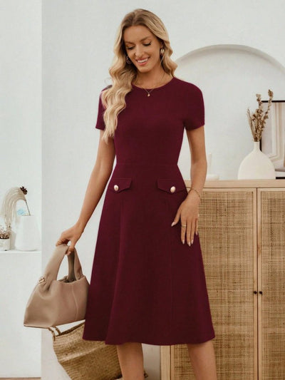 Women's Short-Sleeve Crew Neck Pocket Detail Midi Imported Crepe Dress, 33949