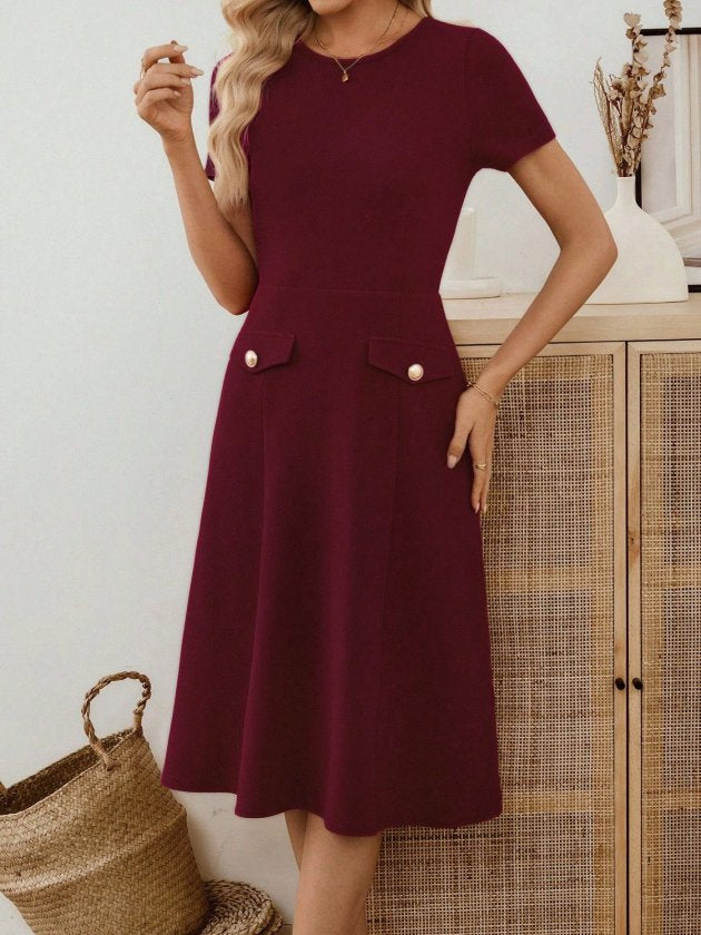 Women's Short-Sleeve Crew Neck Pocket Detail Midi Imported Crepe Dress, 33949