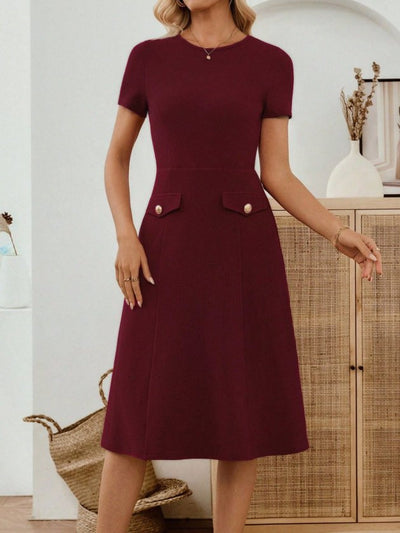 Women's Short-Sleeve Crew Neck Pocket Detail Midi Imported Crepe Dress, 33949