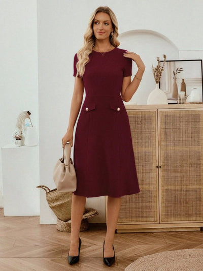 Women's Short-Sleeve Crew Neck Pocket Detail Midi Imported Crepe Dress, 33949