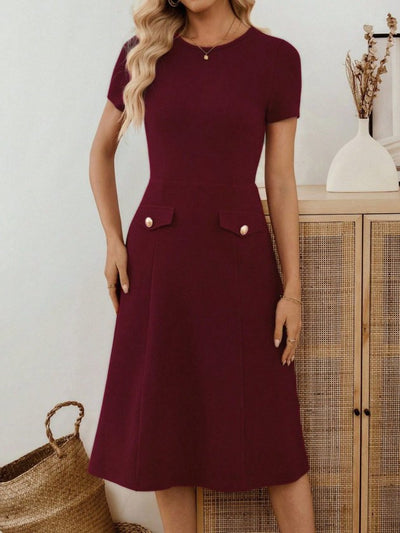 Women's Short-Sleeve Crew Neck Pocket Detail Midi Imported Crepe Dress, 33949