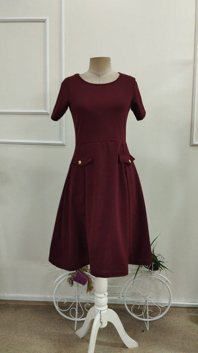 Women's Short-Sleeve Crew Neck Pocket Detail Midi Imported Crepe Dress, 33949