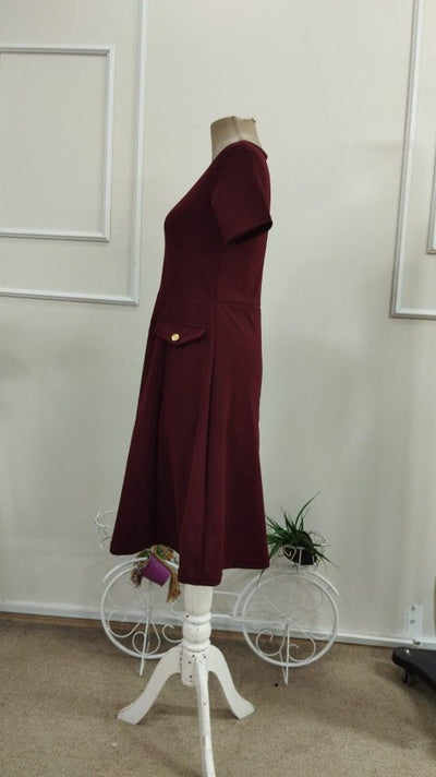 Women's Short-Sleeve Crew Neck Pocket Detail Midi Imported Crepe Dress, 33949