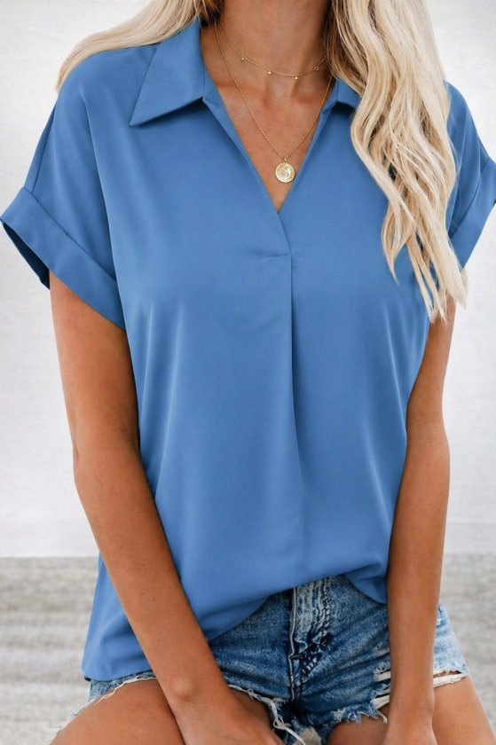 Women's Short Sleeve Collared Woven Viscose Blouse, 33965