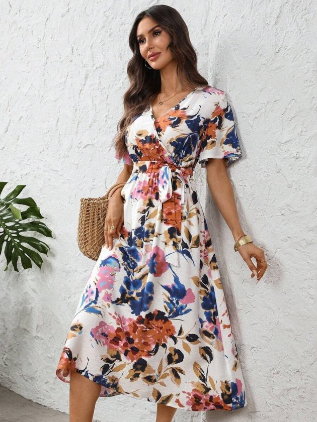 Rochie midi Supreme pentru femei, cu mânecă scurtă, decolteu înfășurat, cu șiret lateral și model, 33967