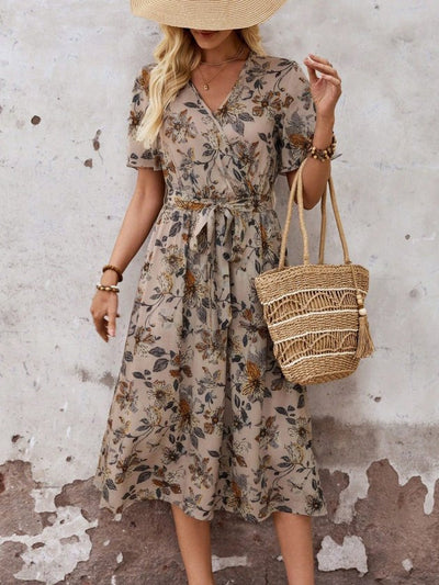 Rochie midi Supreme pentru femei, cu mânecă scurtă, decolteu înfășurat, cu noduri laterale și model, 33968