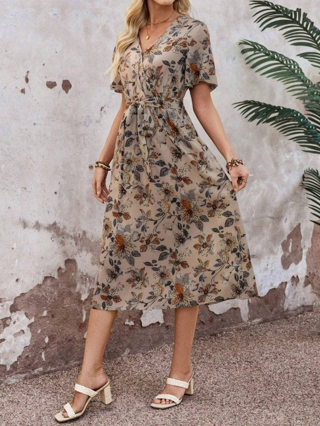 Rochie midi Supreme pentru femei, cu mânecă scurtă, decolteu înfășurat, cu noduri laterale și model, 33968