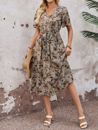 Rochie midi Supreme pentru femei, cu mânecă scurtă, decolteu înfășurat, cu noduri laterale și model, 33968