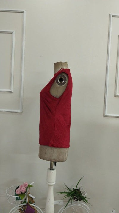 Bluză din tul pentru femei, fără mâneci, guler rotund, decolteu adânc, cu paiete, 36067