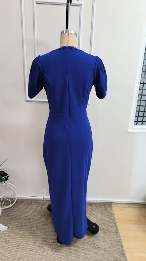 Women's Short-Sleeve Wrap V-Neck Crepe Dress with Floral Waist Accessory and Slit, 33976