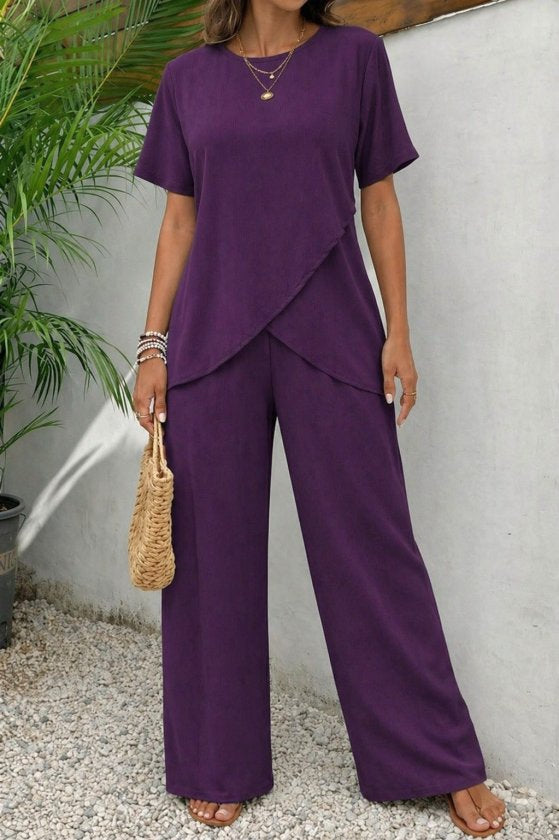 Set două piese damă, bluză cu mânecă scurtă, guler rotund, croială asimetrică și pantaloni din bumbac creponat, 36283
