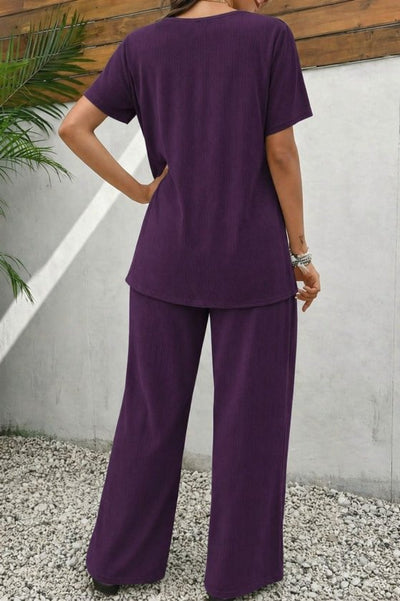 Set două piese damă, bluză cu mânecă scurtă, guler rotund, croială asimetrică și pantaloni din bumbac creponat, 36283