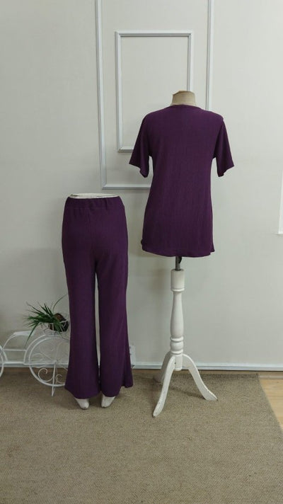 Set două piese damă, bluză cu mânecă scurtă, guler rotund, croială asimetrică și pantaloni din bumbac creponat, 36283