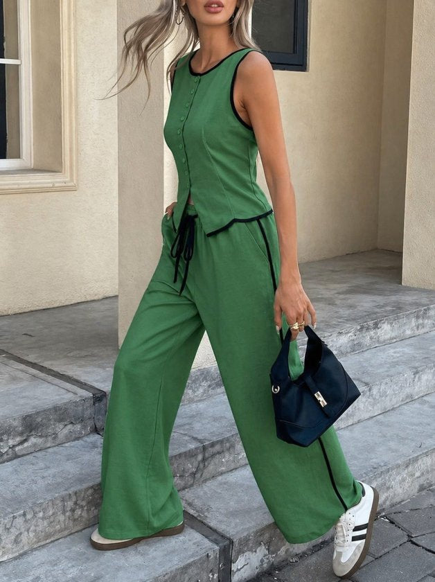 Women's Sleeveless Button-Front Vest and Pants Two-Piece Set, 34193
