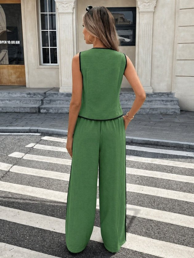 Women's Sleeveless Button-Front Vest and Pants Two-Piece Set, 34193