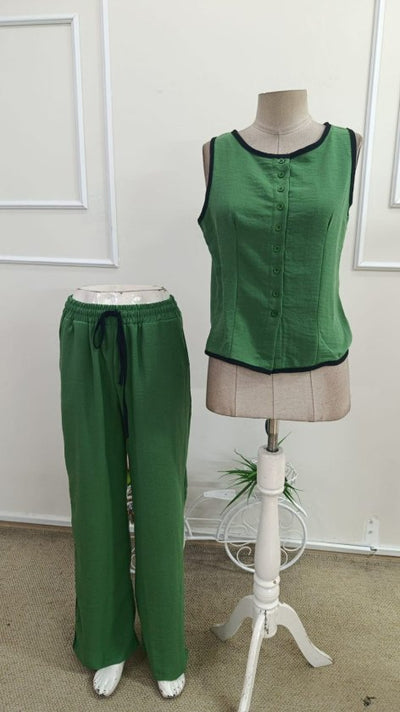 Women's Sleeveless Button-Front Vest and Pants Two-Piece Set, 34193