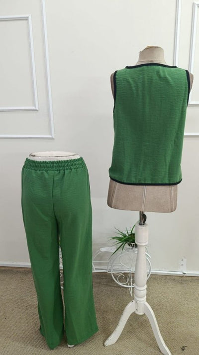 Women's Sleeveless Button-Front Vest and Pants Two-Piece Set, 34193