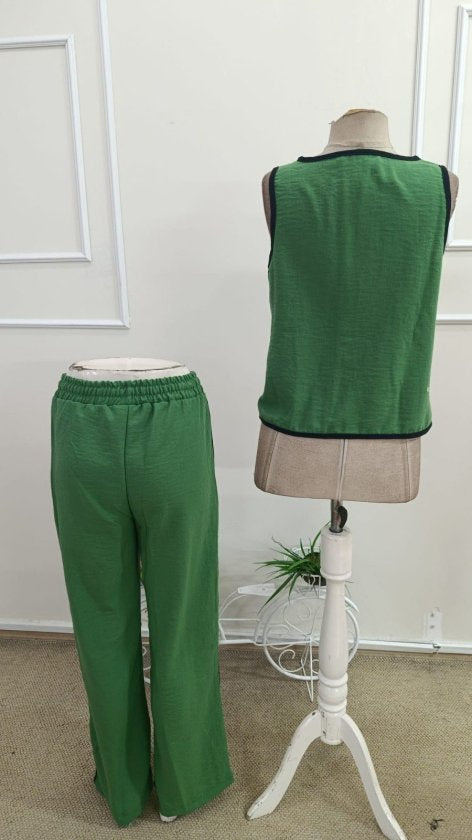 Women's Sleeveless Button-Front Vest and Pants Two-Piece Set, 34193