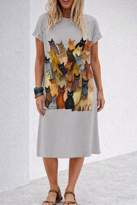 Rochie midi din viscoză cu mânecă scurtă, guler rotund, imprimeu cu pisici, 34021