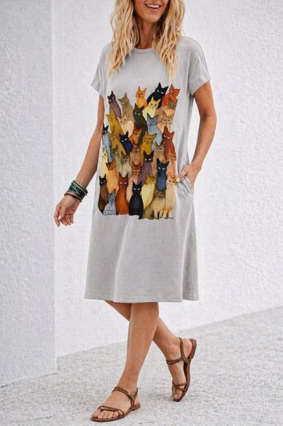 Rochie midi din viscoză cu mânecă scurtă, guler rotund, imprimeu cu pisici, 34021
