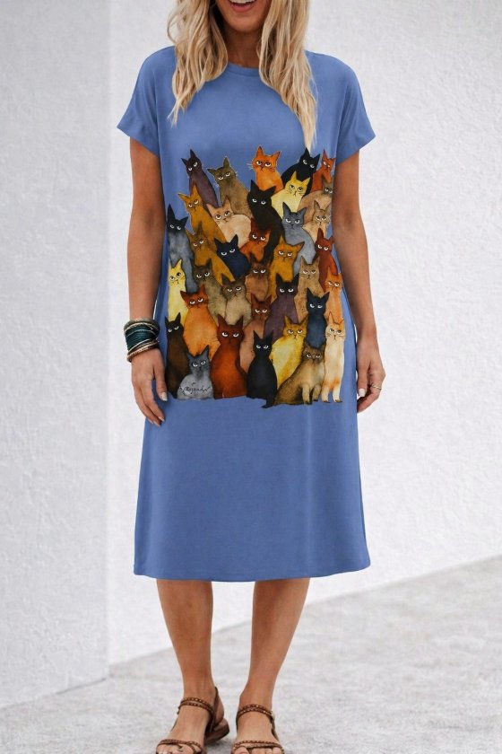Short Sleeve Crew Neck Cat Print Viscose Midi Dress, 34022
