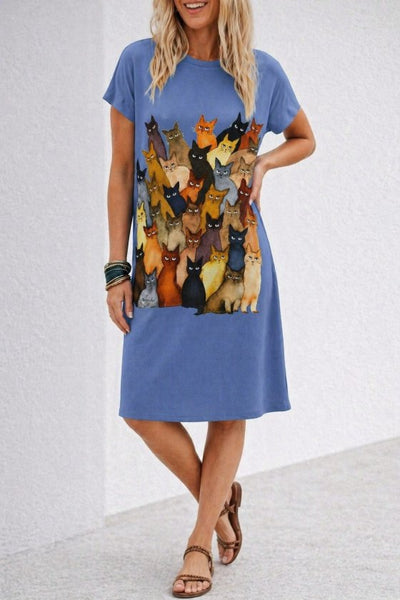 Short Sleeve Crew Neck Cat Print Viscose Midi Dress, 34022