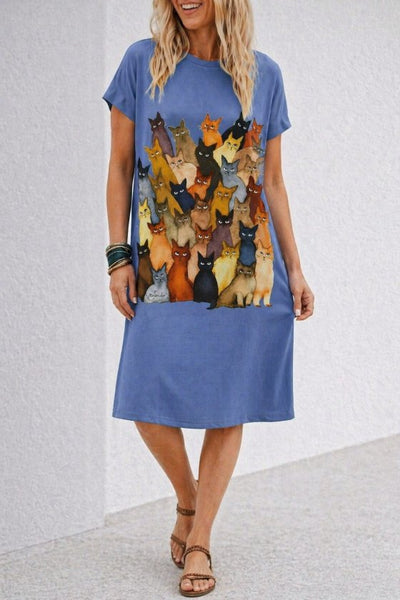 Short Sleeve Crew Neck Cat Print Viscose Midi Dress, 34022