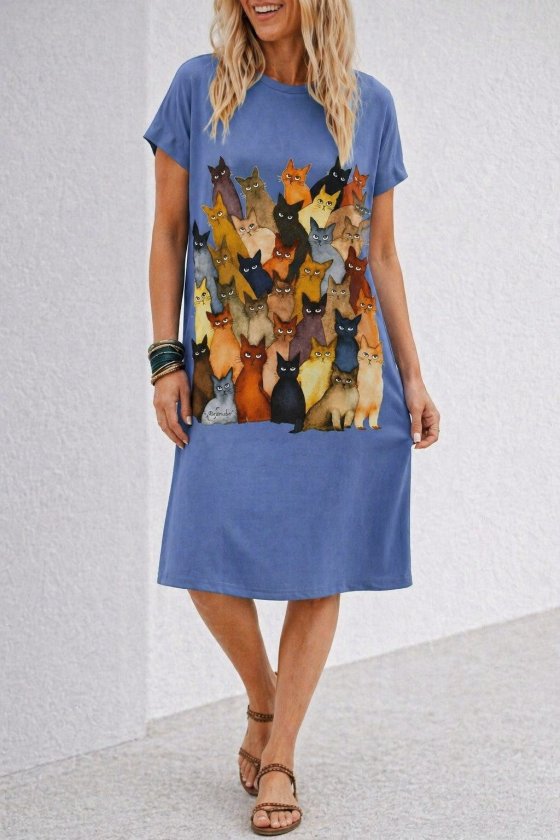 Short Sleeve Crew Neck Cat Print Viscose Midi Dress, 34022