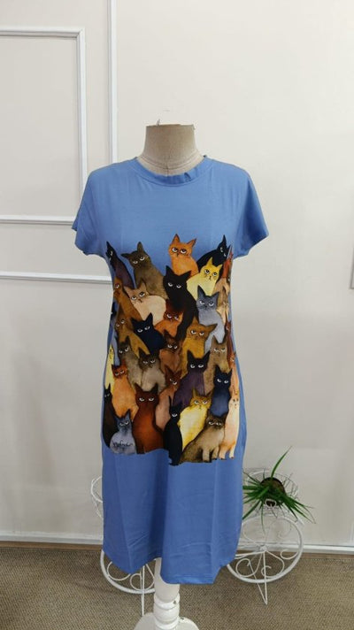 Short Sleeve Crew Neck Cat Print Viscose Midi Dress, 34022