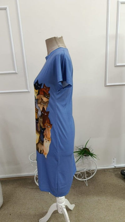 Short Sleeve Crew Neck Cat Print Viscose Midi Dress, 34022