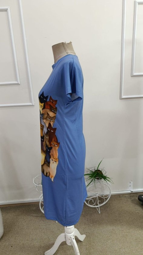 Short Sleeve Crew Neck Cat Print Viscose Midi Dress, 34022