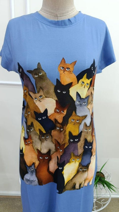 Short Sleeve Crew Neck Cat Print Viscose Midi Dress, 34022