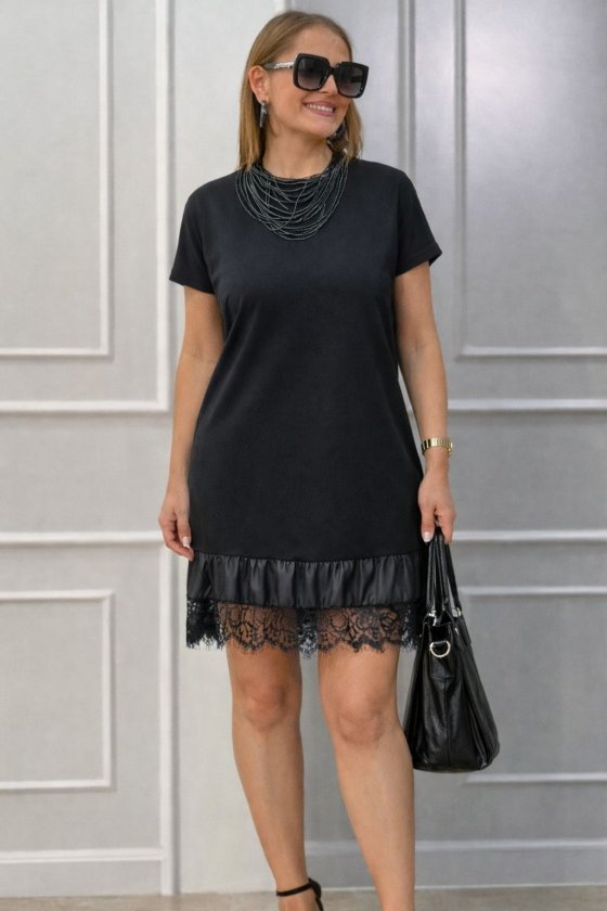 Rochie scurtă din viscoză cu mânecă scurtă și guler rotund pentru femei, cu detalii din dantelă, 34023