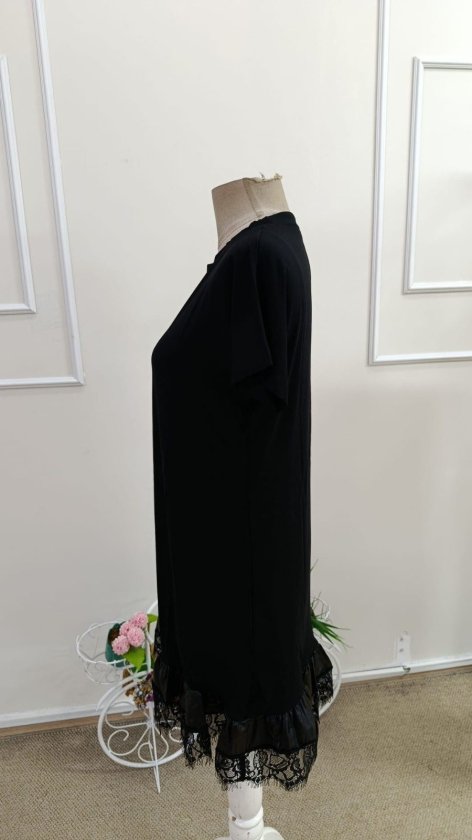 Rochie scurtă din viscoză cu mânecă scurtă și guler rotund pentru femei, cu detalii din dantelă, 34023