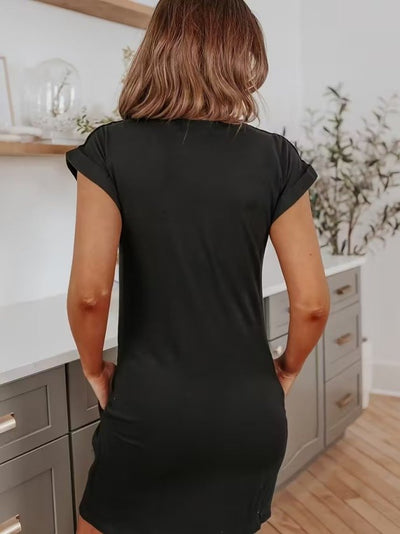 Rochie scurtă din viscoză cu două fire, cu guler rotund și mânecă scurtă, 34024