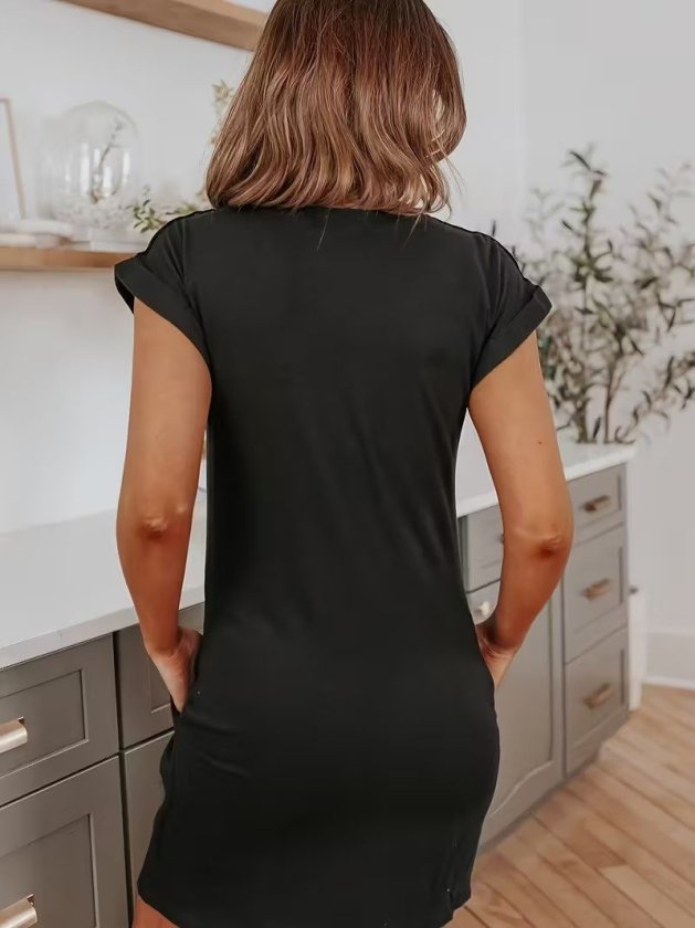Rochie scurtă din viscoză cu două fire, cu guler rotund și mânecă scurtă, 34024