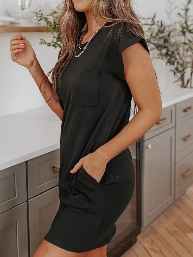 Rochie scurtă din viscoză cu două fire, cu guler rotund și mânecă scurtă, 34024