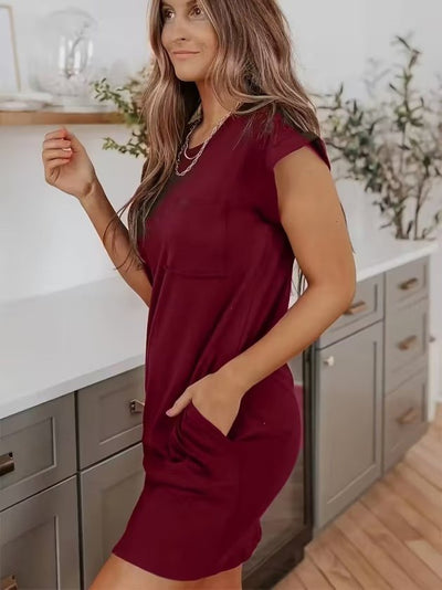 Rochie scurtă din viscoză cu două fire, cu guler rotund și mânecă scurtă, 34025