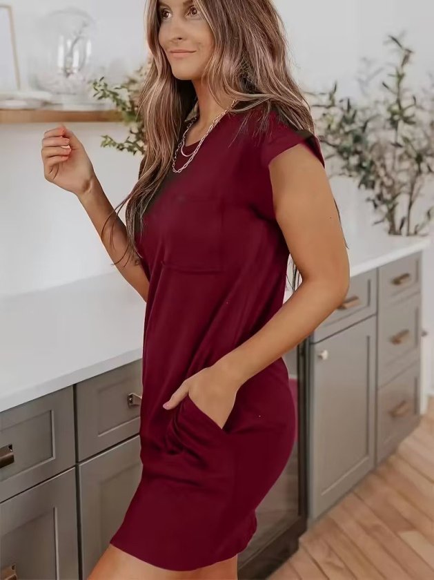 Rochie scurtă din viscoză cu două fire, cu guler rotund și mânecă scurtă, 34025