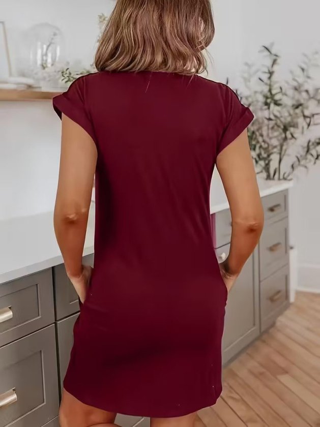 Rochie scurtă din viscoză cu două fire, cu guler rotund și mânecă scurtă, 34025