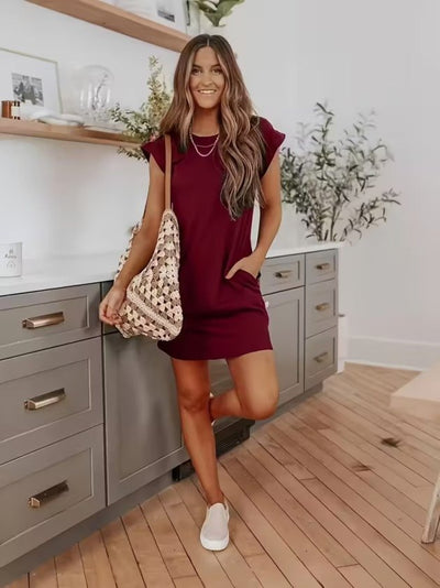 Rochie scurtă din viscoză cu două fire, cu guler rotund și mânecă scurtă, 34025