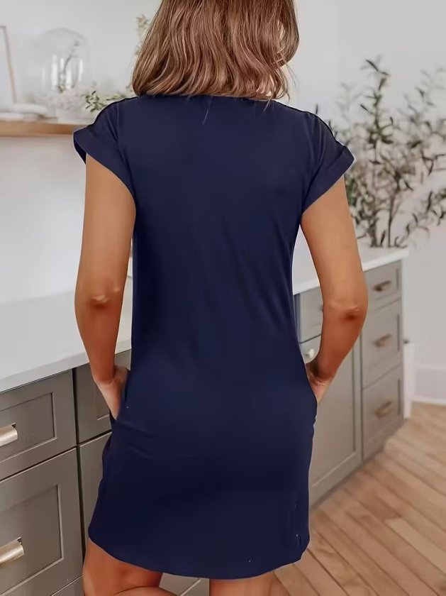 Rochie scurtă din viscoză cu două fire, cu guler rotund și mânecă scurtă, pentru femei, 34026