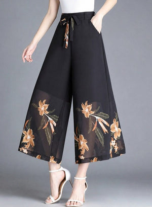 Pantaloni de damă din șifon căptușit, cu imprimeu floral și talie înaltă, 34028