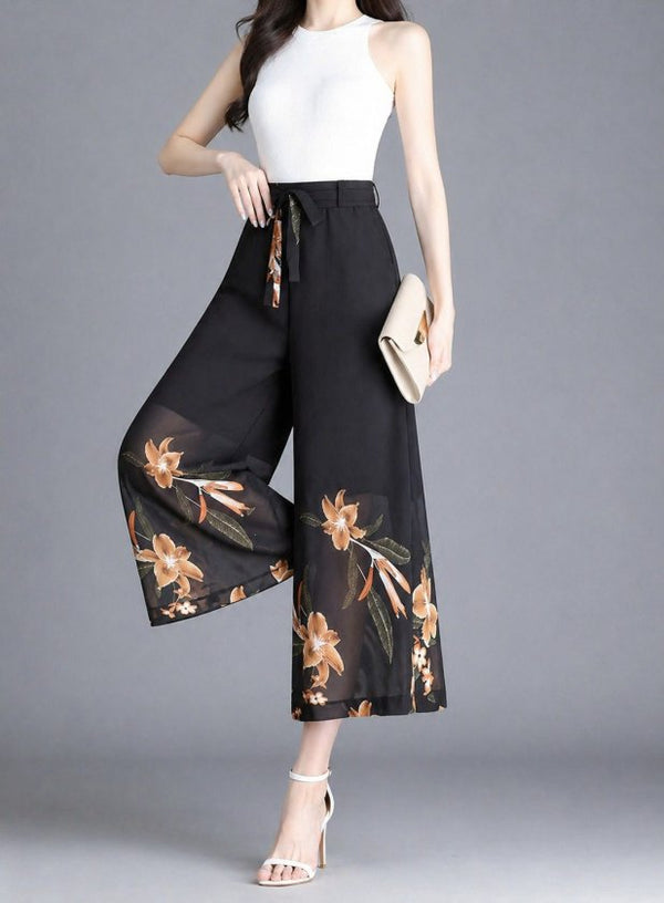 Pantaloni de damă din șifon căptușit, cu imprimeu floral și talie înaltă, 34028
