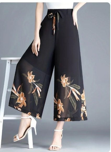 Pantaloni de damă din șifon căptușit, cu imprimeu floral și talie înaltă, 34028