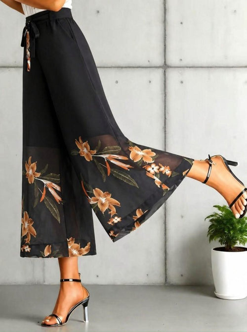 Pantaloni de damă din șifon căptușit, cu imprimeu floral și talie înaltă, 34028