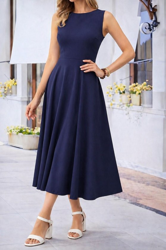Rochie midi evazată din viscoză, cu guler tip barcă, cu umerii goi, pentru femei, 34035