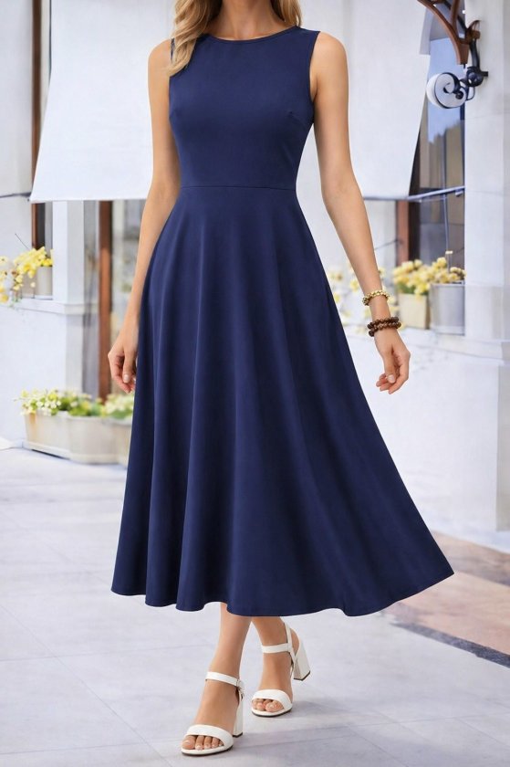 Rochie midi evazată din viscoză, cu guler tip barcă, cu umerii goi, pentru femei, 34035